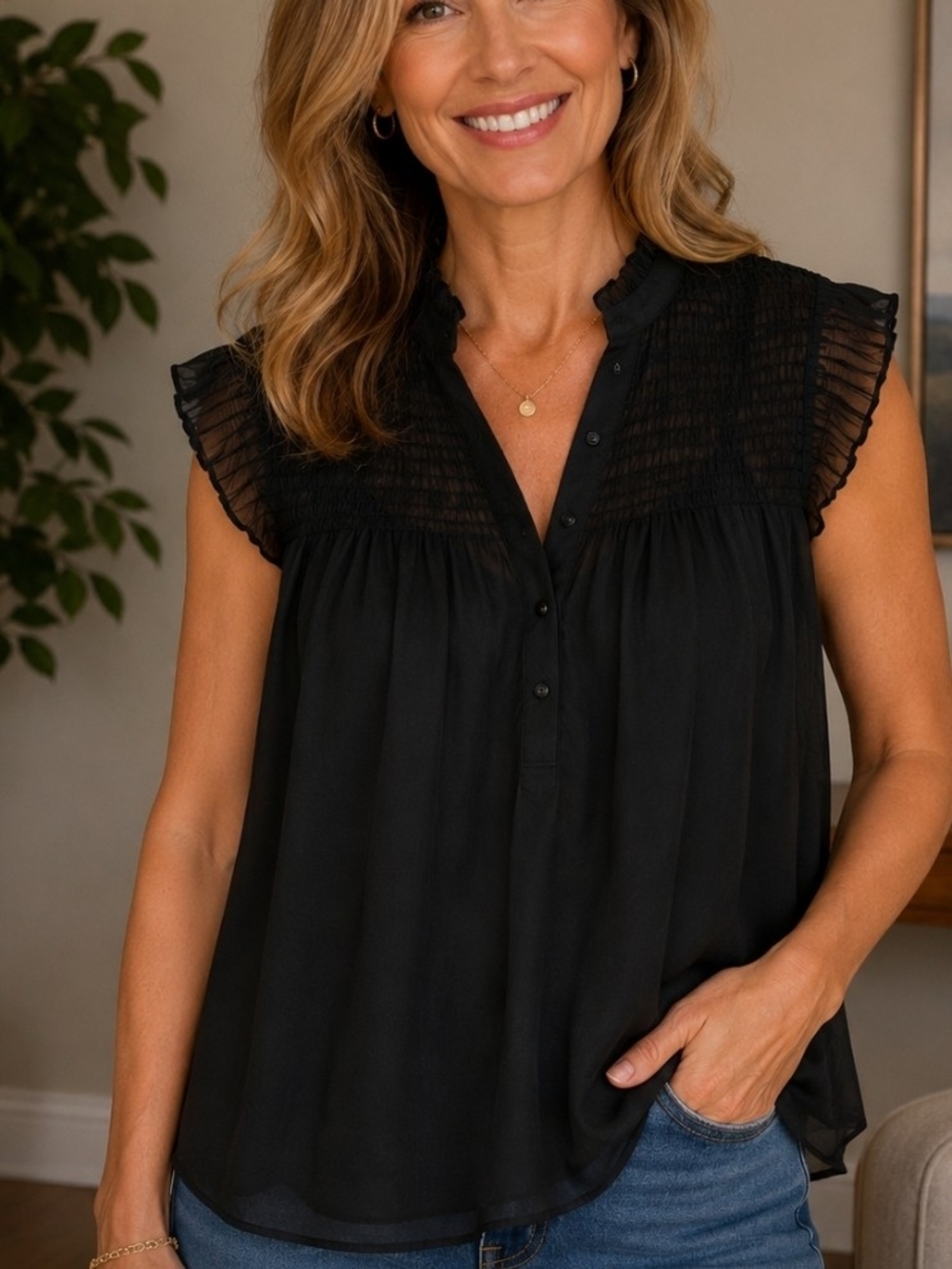 4/$20 Black Pleated Yoke Ruffle Sleeve Blouse